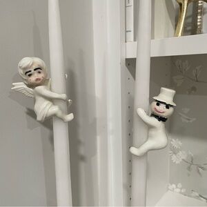 Vintage White Ceramic Taper Candle Huggers Pixie Fairy Angel Snowman Christmas